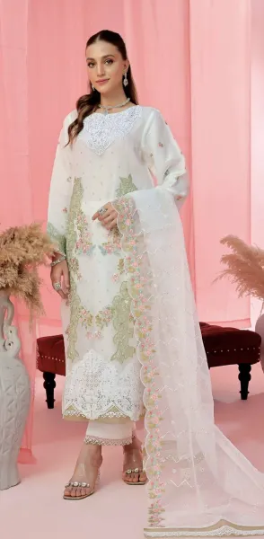 Pakistani Original Guzel Luxury Formal Organza Stitched 3Pcs _ White 